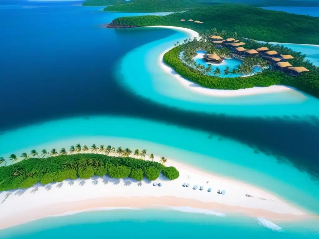 Exclusiva isla privada con mansión, piscina infinity y muelles privados rodeados de aguas turquesas