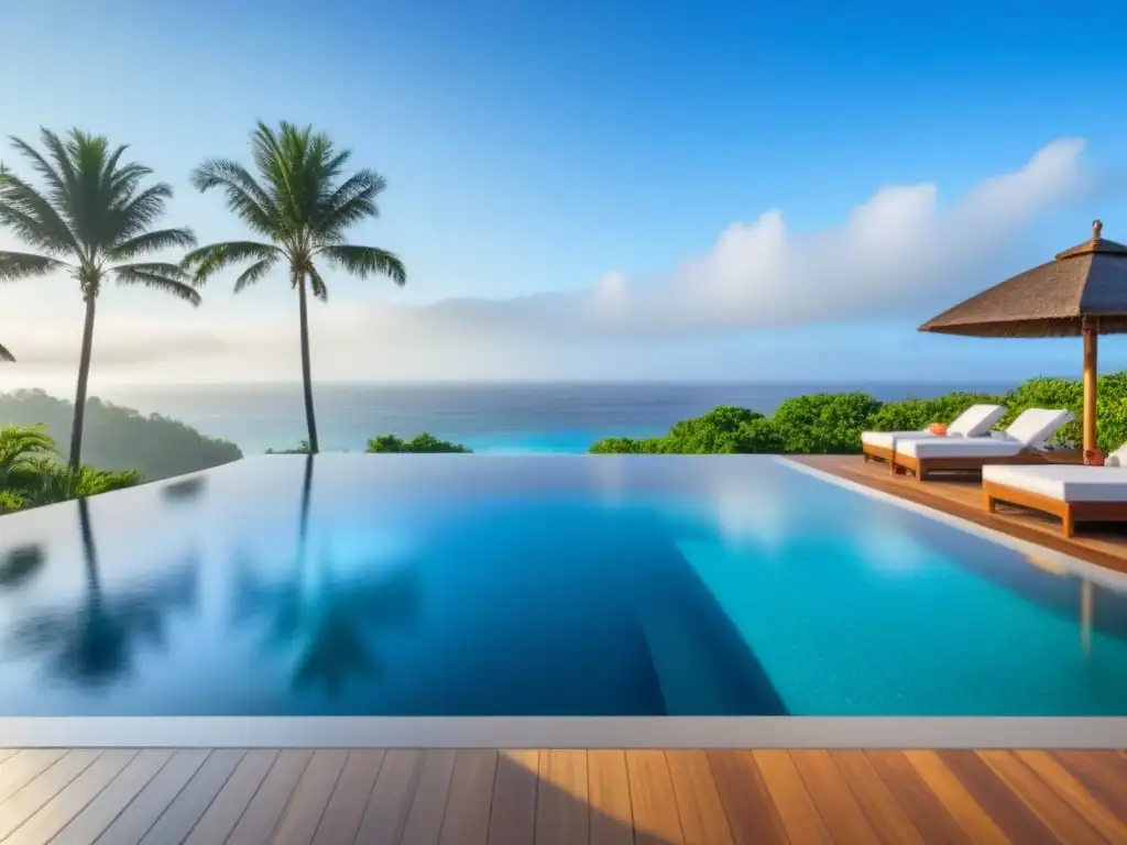 Espectacular piscina infinita en paraíso tropical Exclusiva piscina infinita en un resort de tiempo compartido lujo, rodeada de palmeras y elegantes tumbonas bajo un cielo azul