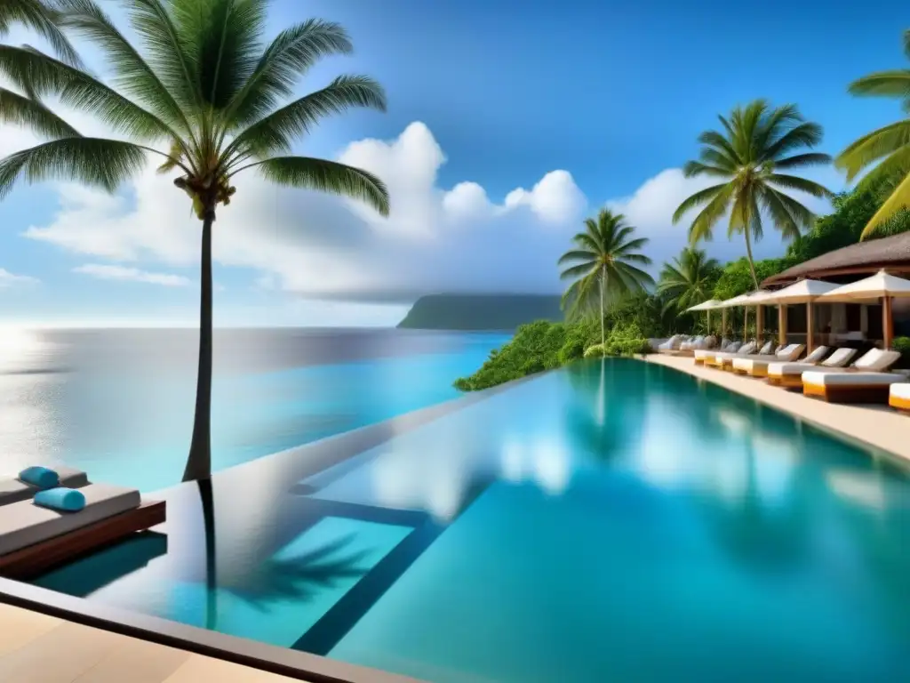 Paraíso de lujo: piscina infinita en playa cristalina Exclusiva piscina infinita en resort de lujo con vista a playa paradisíaca y aguas turquesas
