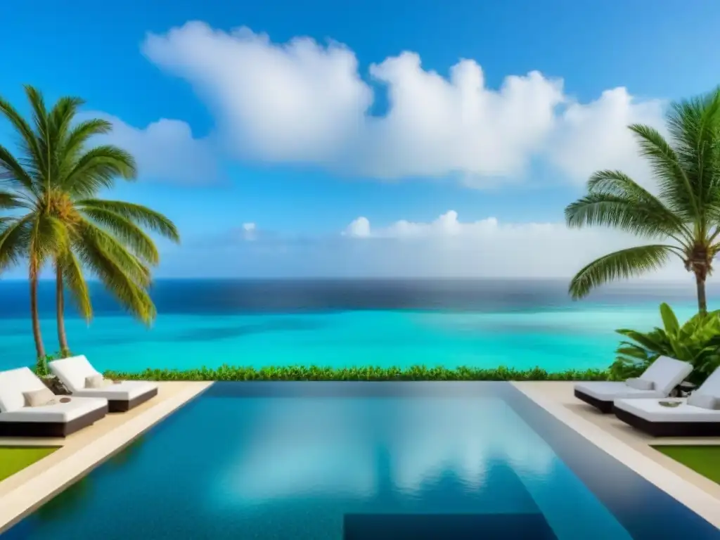 Piscina infinita de lujo en playa paradisíaca Exclusiva piscina infinita en resort de lujo con vista a playa de arena blanca, rodeada de exuberante vegetación tropical bajo cielo azul