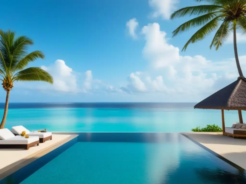 Paraíso tropical: piscina infinita de lujo en playa de arena blanca Exclusiva piscina infinita con vista a playa paradisíaca, palmeras y aguas turquesa