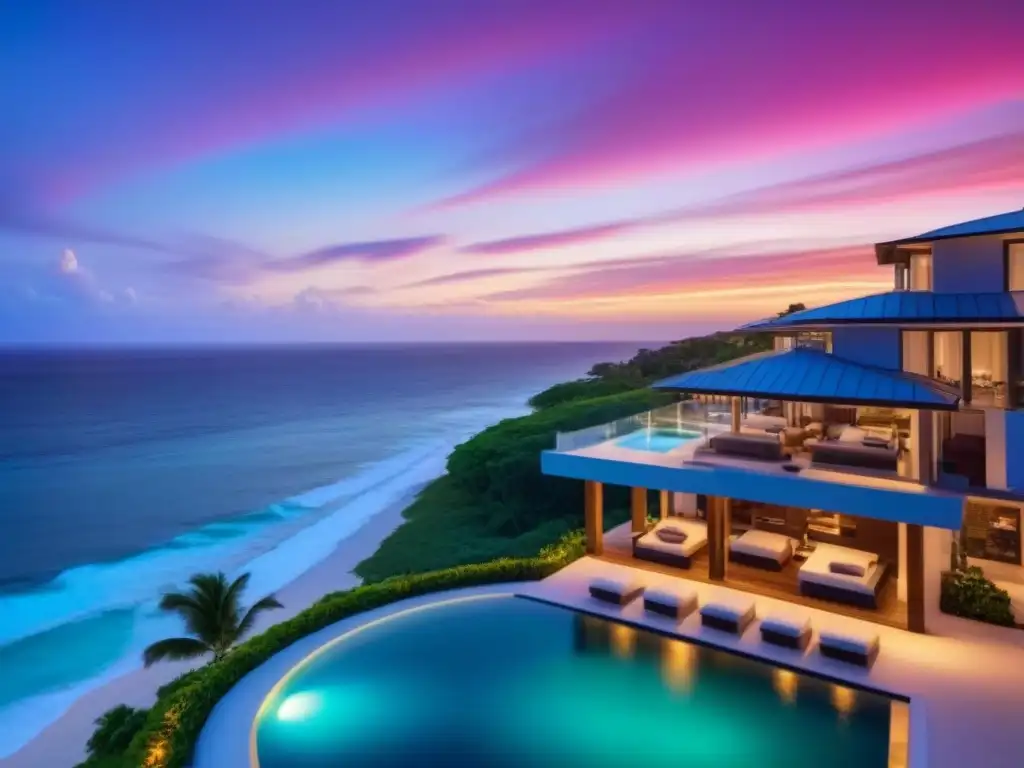 Propiedad vacacional de lujo en la playa al atardecer Una exclusiva propiedad vacacional frente a la playa al atardecer, con diseño moderno y piscina infinita privada