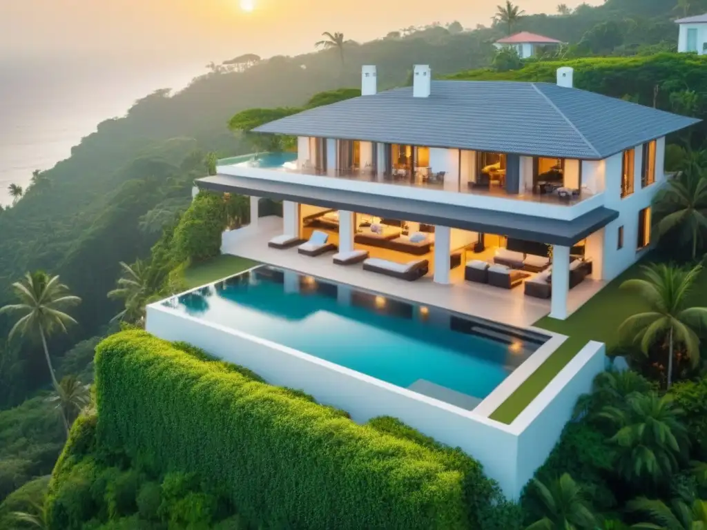 Propiedad vacacional de lujo: piscina infinita con vista al mar Exclusiva villa vacacional con infinity pool y vistas al mar al atardecer, rodeada de exuberante vegetación y playa privada