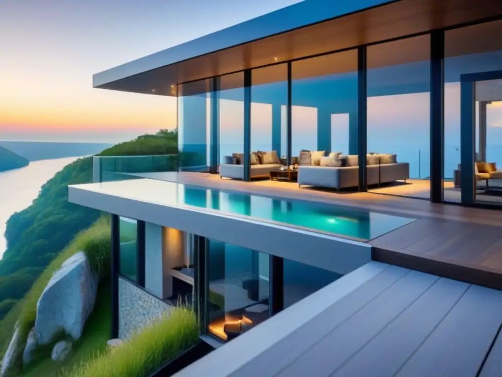 Residencia de lujo en acantilado con vista al lago Una exclusiva vivienda moderna en un acantilado con vista al lago, techos de cristal y diseño contemporáneo