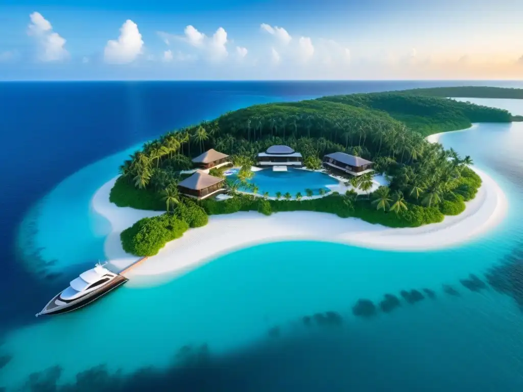Isla privada de lujo: inversión exclusiva en paraíso tropical Exclusivas inversiones inmobiliarias en islas privadas: atardecer idílico en isla privada con villas de lujo y yate en playa de arena blanca