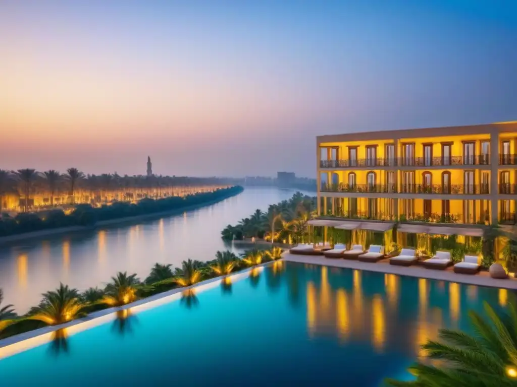 Arquitectura de lujo en el Nilo: modernidad y encanto Exclusivas propiedades de lujo a lo largo del Nilo en Egipto, con arquitectura moderna y vistas al río al atardecer