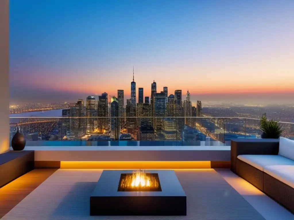 Penthouse de lujo con vista panorámica al atardecer Un exclusivo ático moderno con vistas a la impresionante ciudad al anochecer