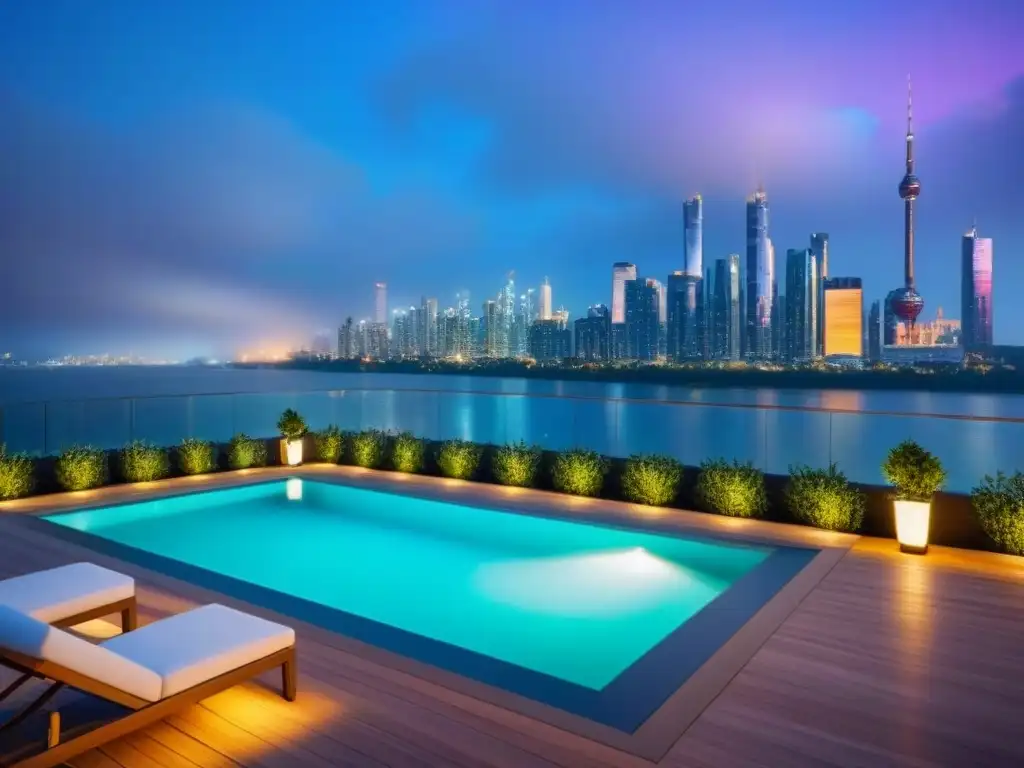 Exclusivo condominio de lujo con vista a la ciudad al atardecer Un exclusivo complejo de condominios de lujo con arquitectura moderna reflejando el bullicio de la ciudad al anochecer