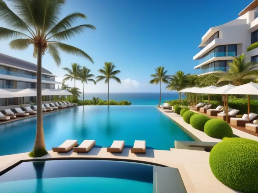 Resort de lujo con infinity pool frente al mar Exclusivo complejo de tiempos compartidos con diseño moderno y lujosas amenidades, reflejando sofisticación y relajación
