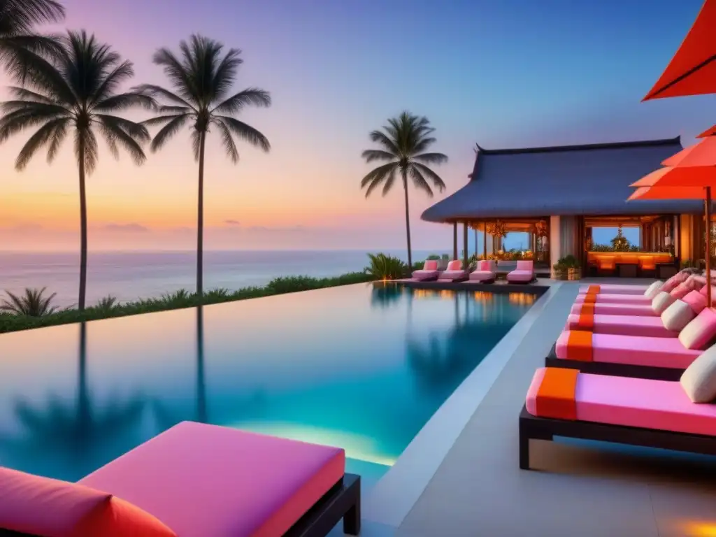 Resort de lujo al atardecer: Exclusivo oasis junto al mar Un exclusivo complejo turístico al atardecer con una piscina infinita y palmeras meciéndose suavemente