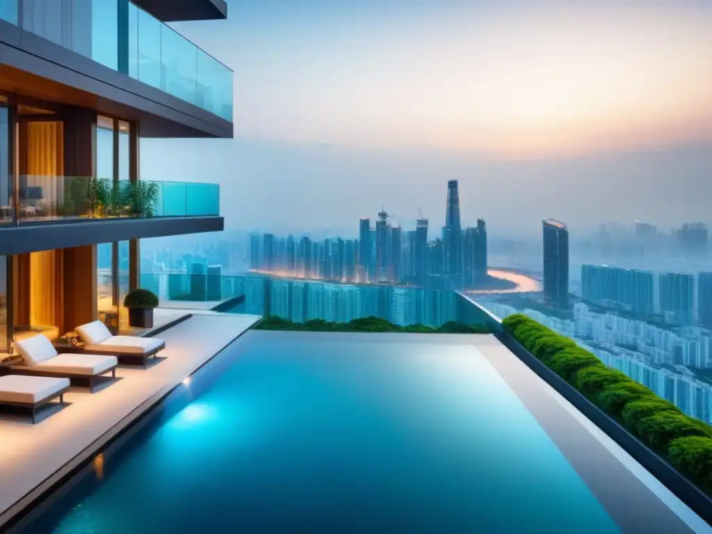 Exclusivo desarrollo inmobiliario de lujo en Asia Exclusivo desarrollo de propiedades de lujo en el corazón de una bulliciosa ciudad asiática, con arquitectura moderna y jardines en la azotea
