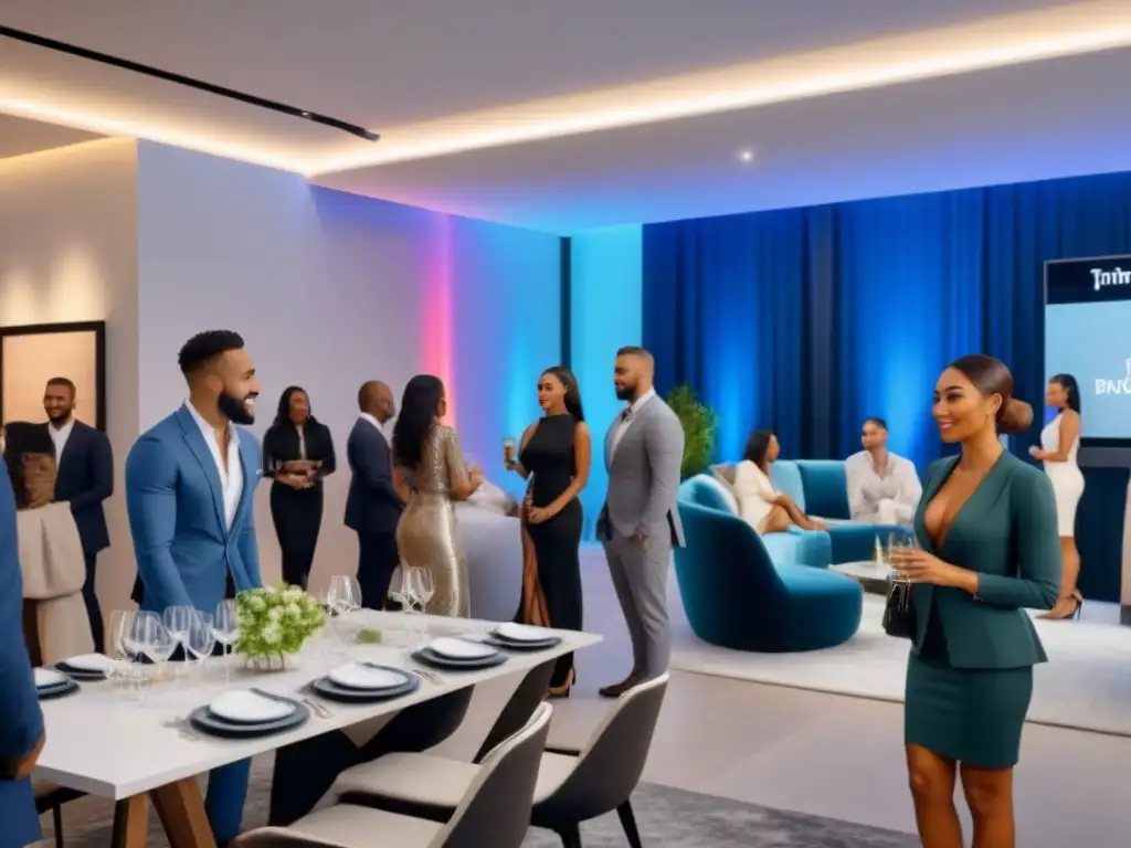 Evento inmobiliario de lujo con influencers en ambiente exclusivo Un exclusivo evento de lanzamiento en bienes raíces con influencers y decoración sofisticada