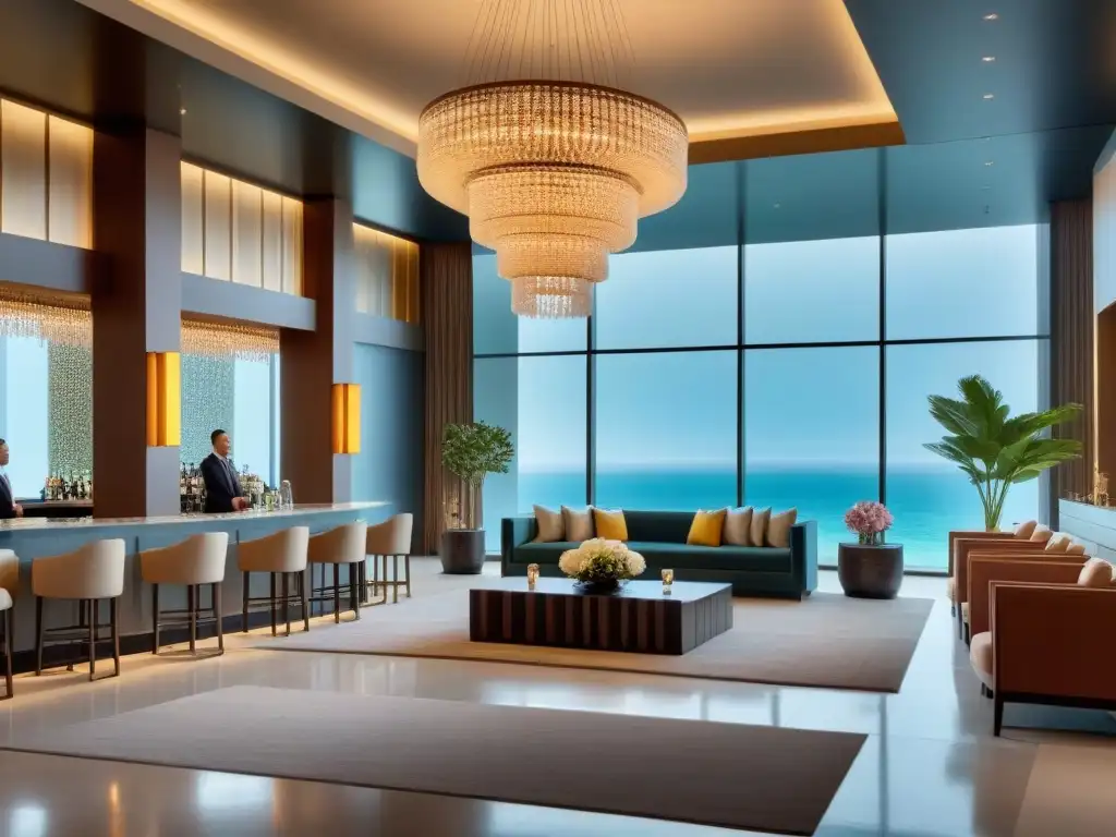 Exclusivo lobby de resort: lujo y elegancia contemporánea Exclusivo lobby de resort moderno con lujosa decoración y personal atento