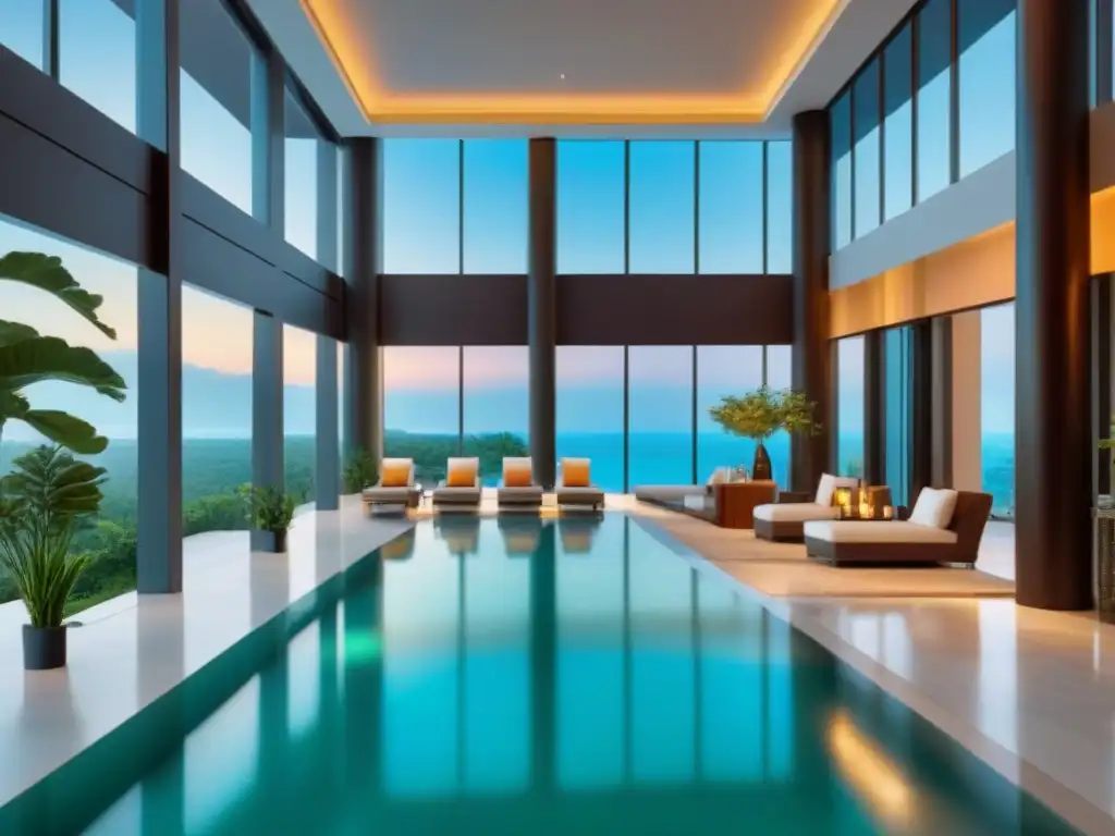 Exclusivo lobby de resort de lujo con piscina infinita Exclusivo lobby de resort moderno con vista a la piscina, lujo y beneficios transparencia legal tiempo compartido