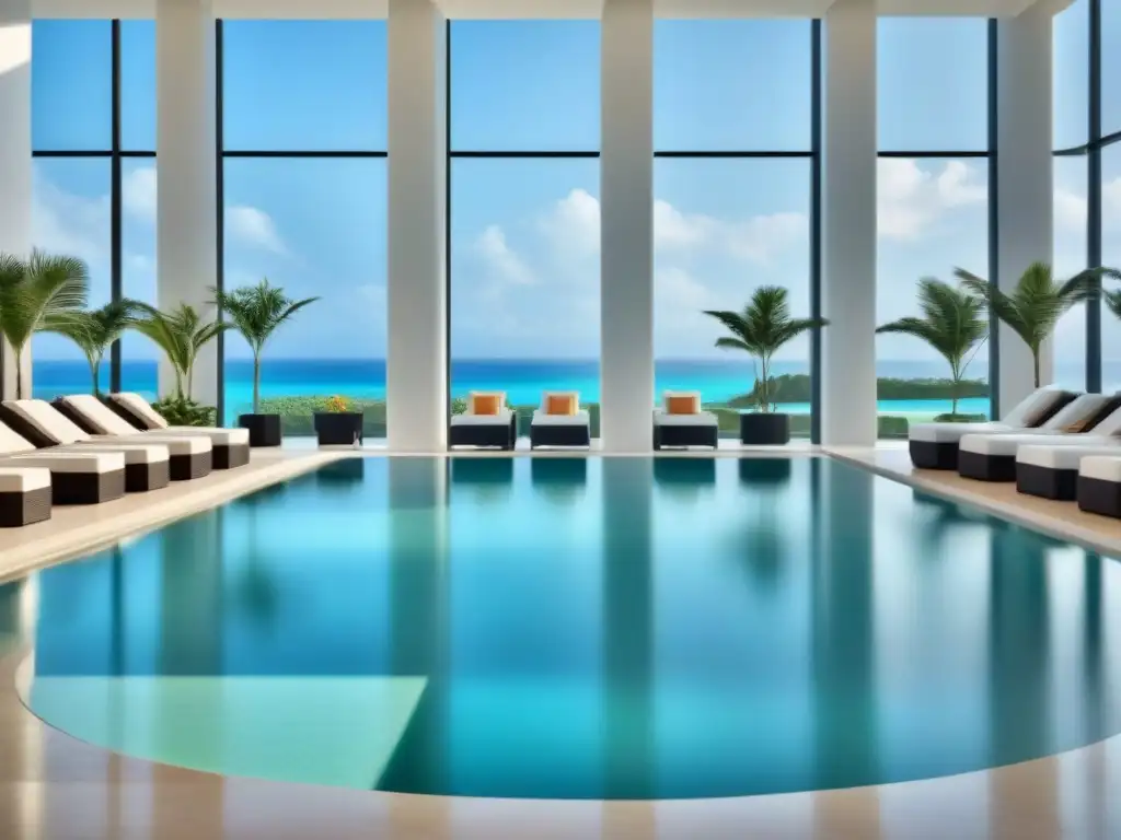 Exclusivo lobby de resort con piscina infinita y palmeras Exclusivo lobby de resort con piscina infinita y palmeras