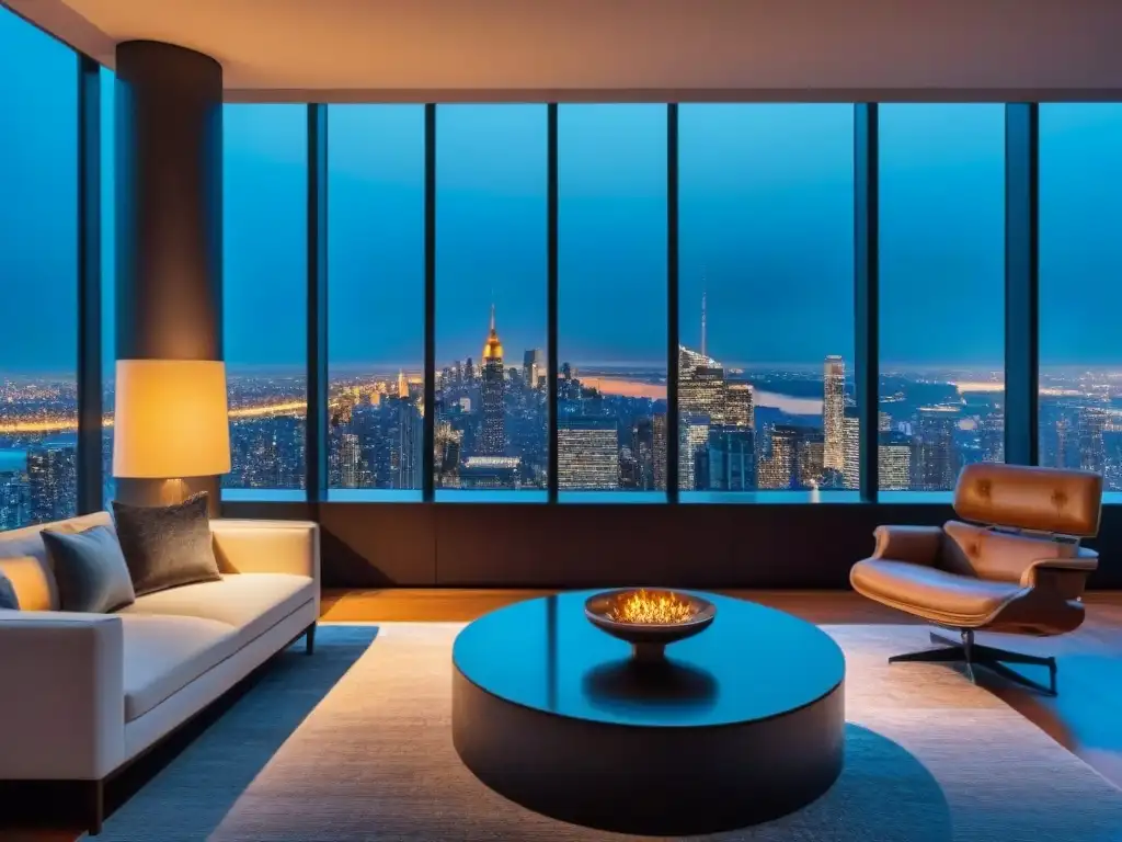 Penthouse de lujo: atardecer en la ciudad Exclusivo penthouse moderno con vista a ciudad al anochecer y diseño elegante