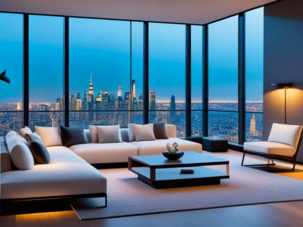 Penthouse de lujo con vista panorámica a la ciudad Un exclusivo penthouse moderno con vista a la ciudad, diseño elegante y minimalista