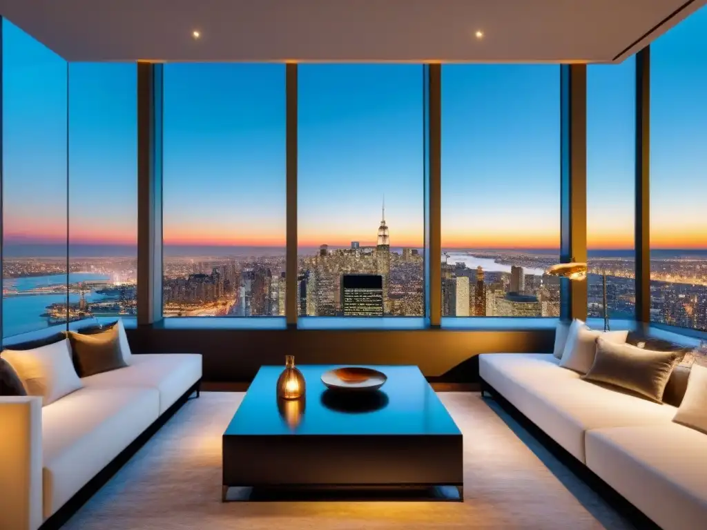 Penthouse de lujo: diseño contemporáneo en la ciudad Un exclusivo penthouse moderno con vista a la ciudad al anochecer, elegante y lujoso para inversionistas globales propiedades exclusivas