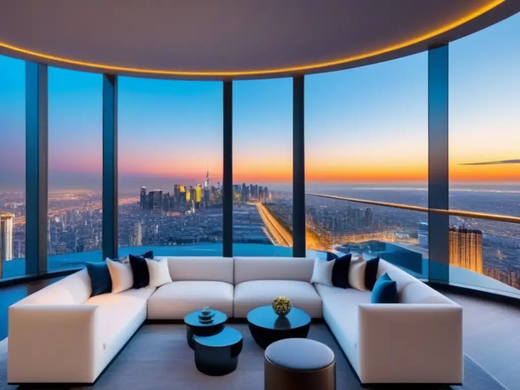 Penthouse de lujo con vistas a la ciudad y diseño moderno Exclusivo penthouse moderno con vista a la ciudad, mobiliario contemporáneo y terraza panorámica