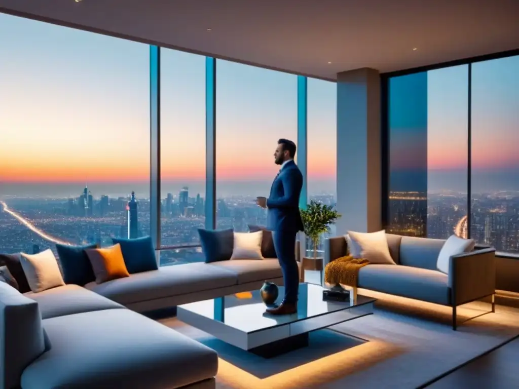 Penthouse moderno con vista panorámica al atardecer Exclusivo penthouse moderno con vista panorámica de la ciudad al atardecer