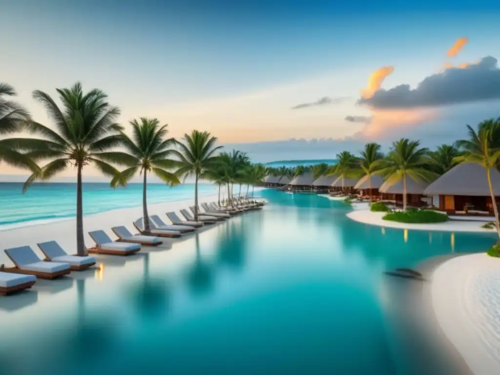 Paraíso de lujo: resort de ensueño frente al mar turquesa Exclusivo resort frente al mar con aguas turquesas, palmeras y lujosas comodidades