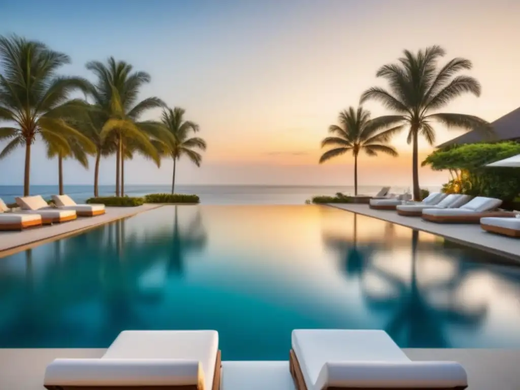 Resort de lujo frente al mar con piscina infinita y atardecer dorado Exclusivo resort frente al mar con diseño arquitectónico moderno, piscina infinita y palmeras