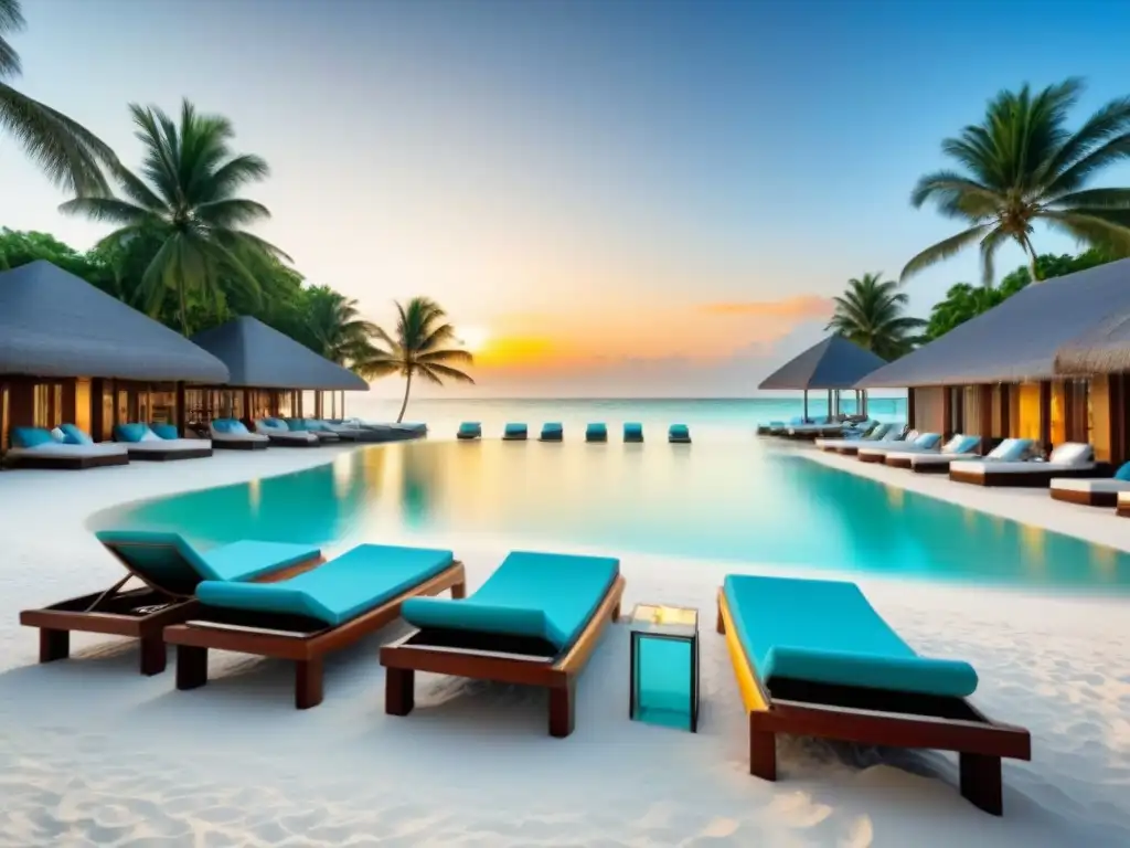 Resort de lujo frente a la playa: sofisticación y relajación Un exclusivo resort frente a la playa con diseño arquitectónico moderno, palmeras y aguas turquesa cristalinas