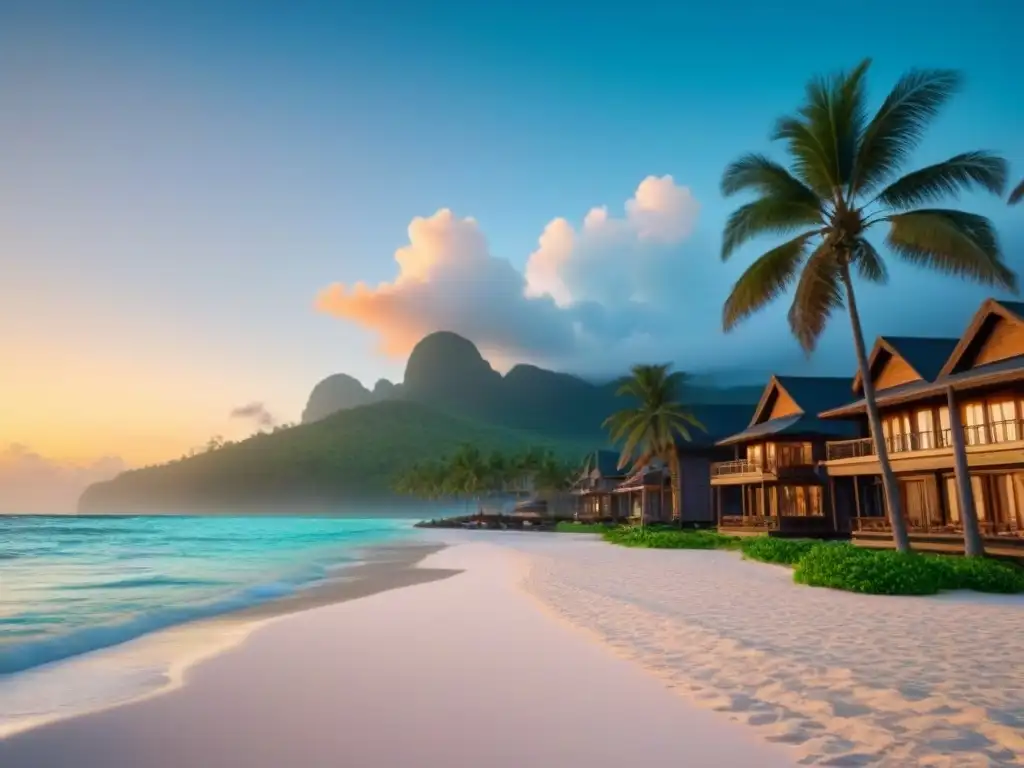 Resort de lujo frente a la playa: inversión internacional Un exclusivo resort frente a la playa con aguas turquesas, palmeras meciéndose y un atardecer dorado