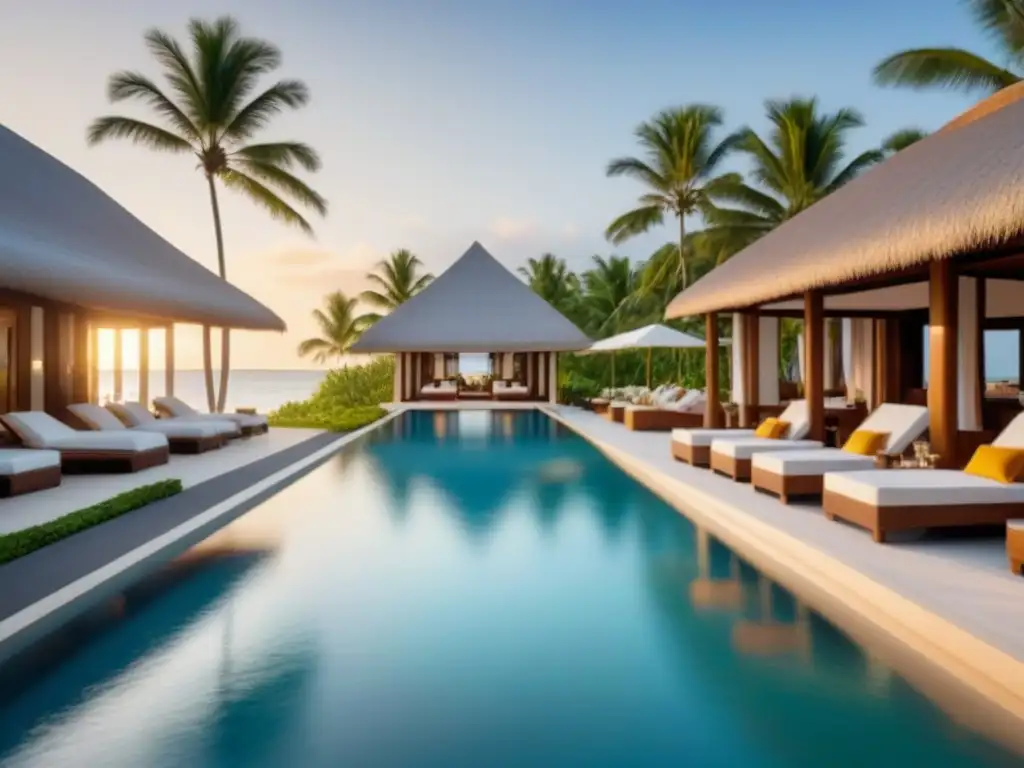 Resort de lujo frente al mar con piscina infinita y atardecer dorado Un exclusivo resort frente a la playa con una piscina infinita y vistas al océano, rodeado de palmeras y elegantes cabañas