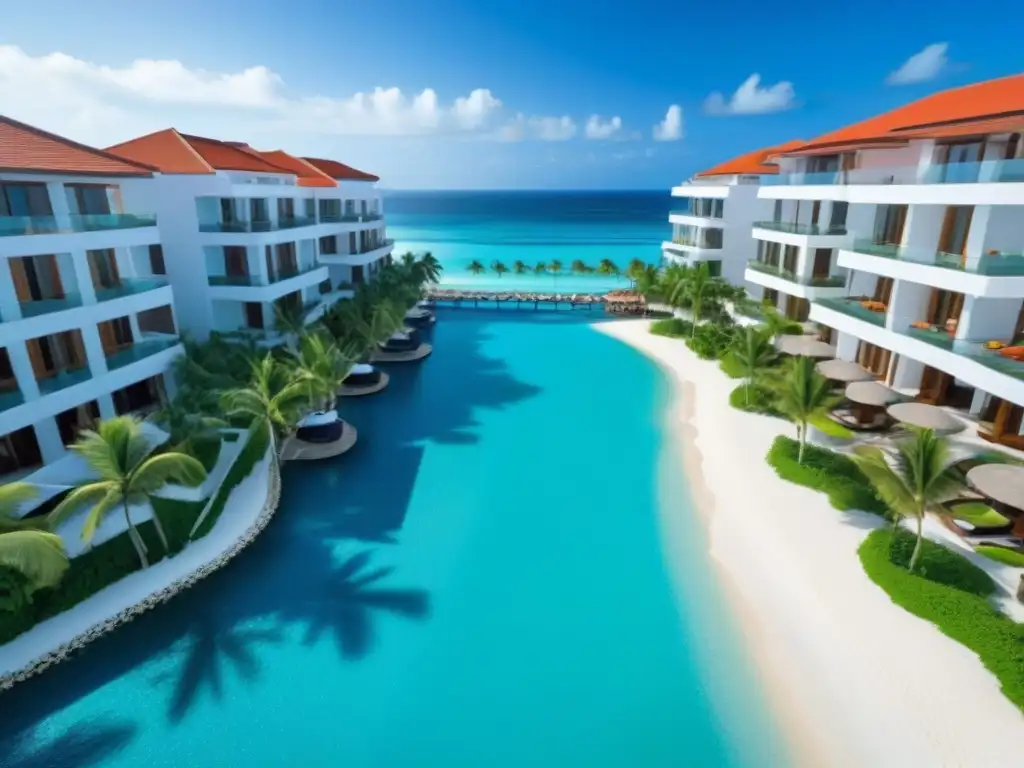 Exclusivo resort de lujo en playa paradisíaca Descubre un exclusivo resort frente a la playa con aguas turquesas, palmeras y comodidades de lujo