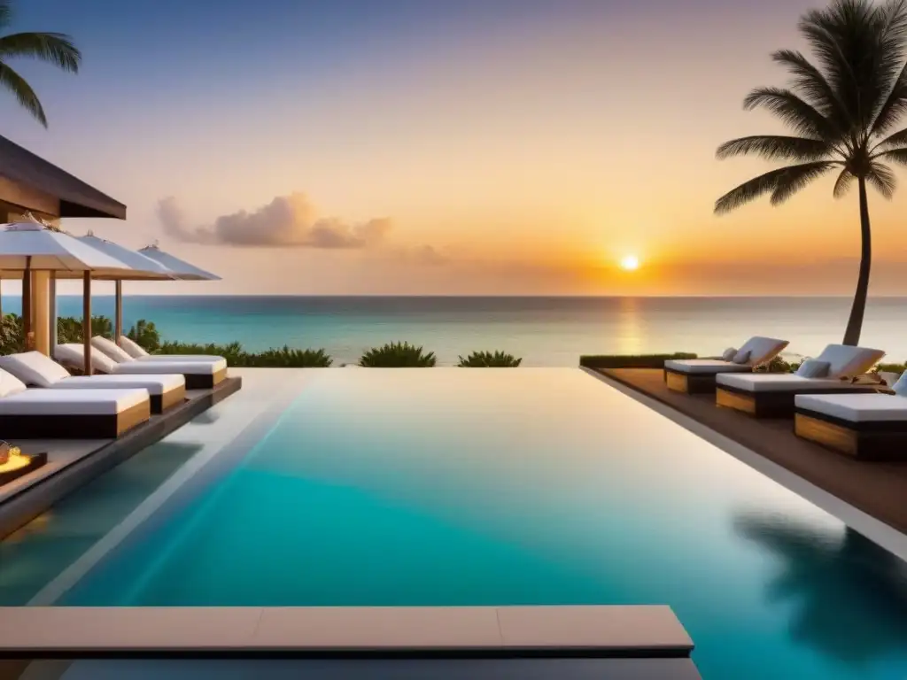 Resort de lujo frente al mar con piscina infinita y atardecer dorado Un exclusivo resort frente a la playa con diseño arquitectónico moderno y piscina infinita con vistas al mar turquesa