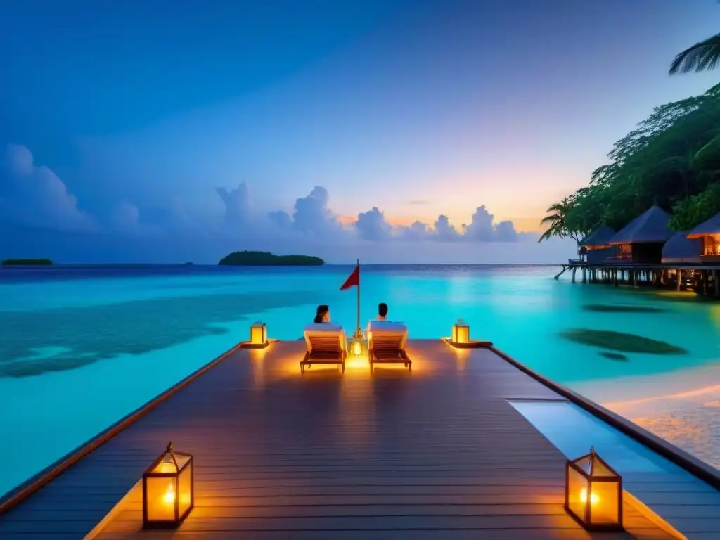 Exclusivo resort de isla privada: atardecer romántico en el paraíso Un exclusivo resort en una isla privada, adaptado a la pandemia, con villas sobre el agua y ambiente exclusivo