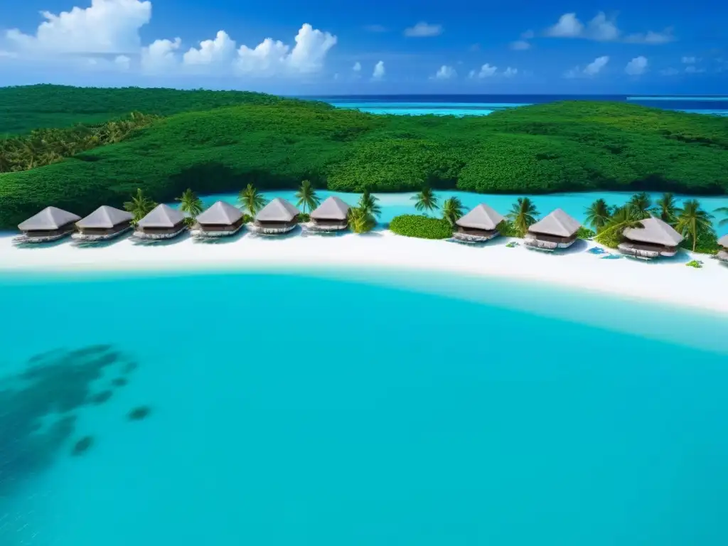 Paraíso exclusivo: resort de lujo en isla privada Un exclusivo resort en una isla privada rodeada de aguas turquesas, playas blancas y palmeras