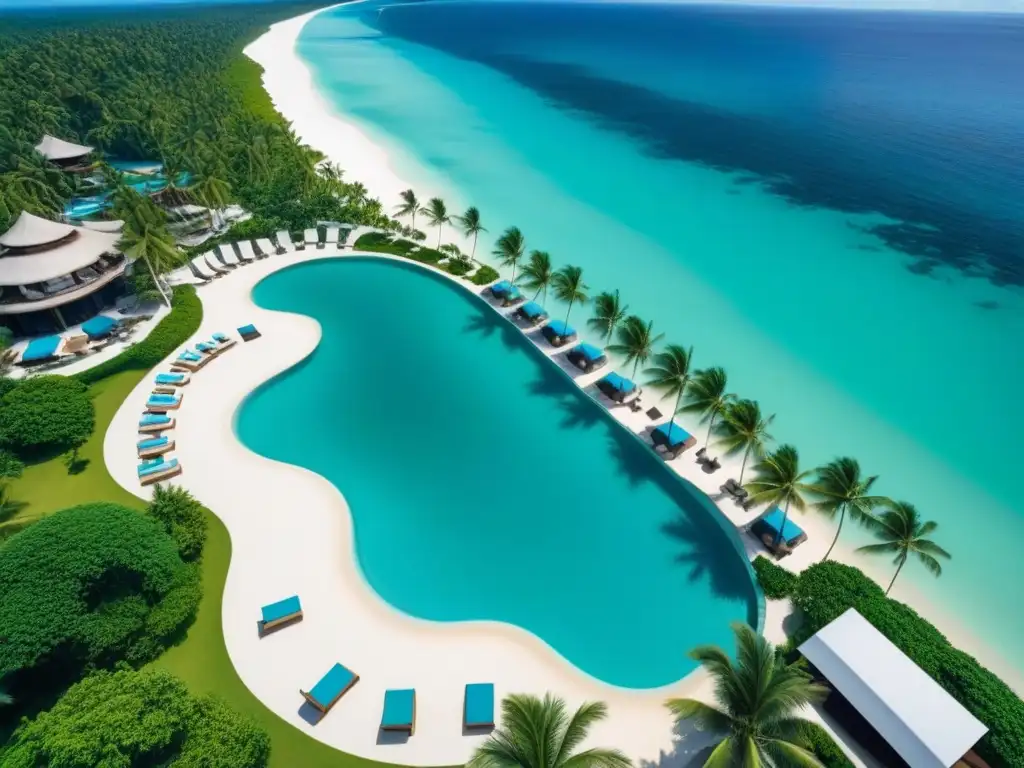 Resort de lujo en paraíso exótico: exclusividad y sofisticación Exclusivo resort de lujo en destino exótico con playa, aguas turquesas y arquitectura moderna