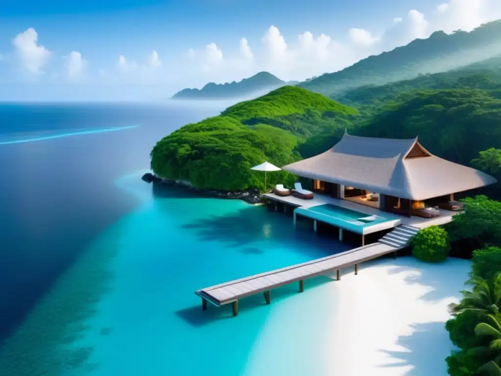 Paraíso exclusivo: Villas de lujo en isla privada Un exclusivo resort de lujo en una isla privada, villas elegantes con piscinas infinitas y aguas turquesas