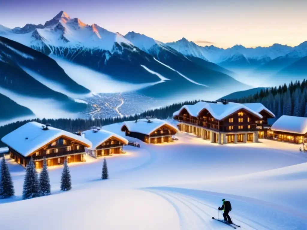Resort de lujo en la nieve: exclusividad y elegancia Un exclusivo resort de esquí de lujo en las montañas nevadas, con chalets elegantes y pistas impecables bajo un cielo azul