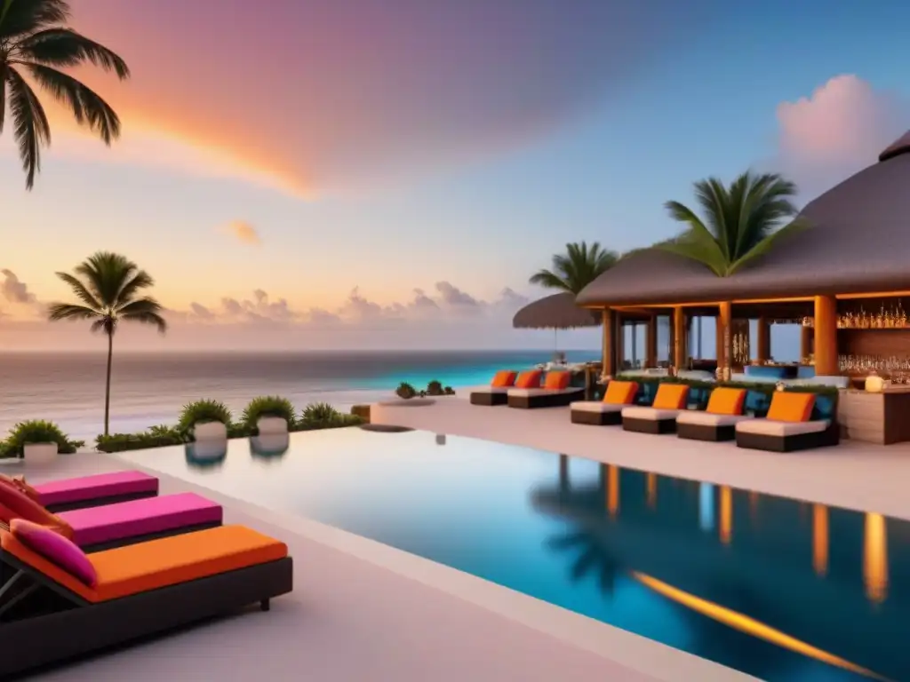 Paraíso exclusivo: Resort de lujo frente al mar al atardecer Exclusivo resort de tiempo compartido en la playa al atardecer, con piscina infinita, cómodas tumbonas y bar de cócteles