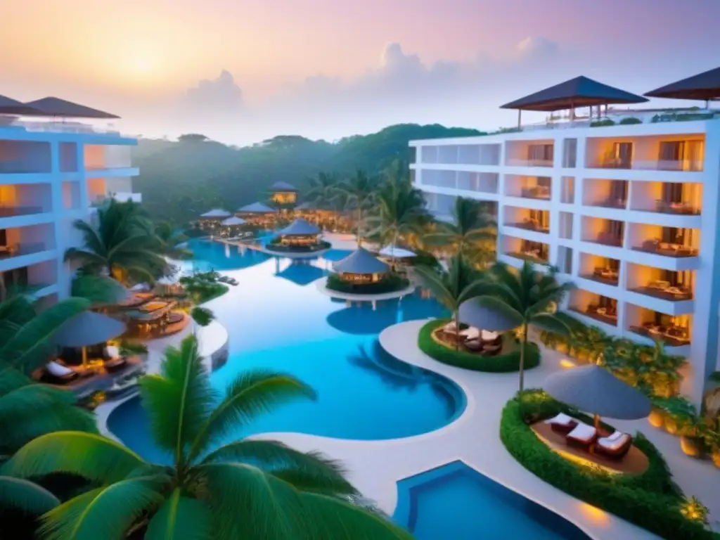 Resort de lujo en paraíso tropical al atardecer Exclusivo resort de tiempo compartido de lujo en medio de exuberante vegetación tropical al atardecer