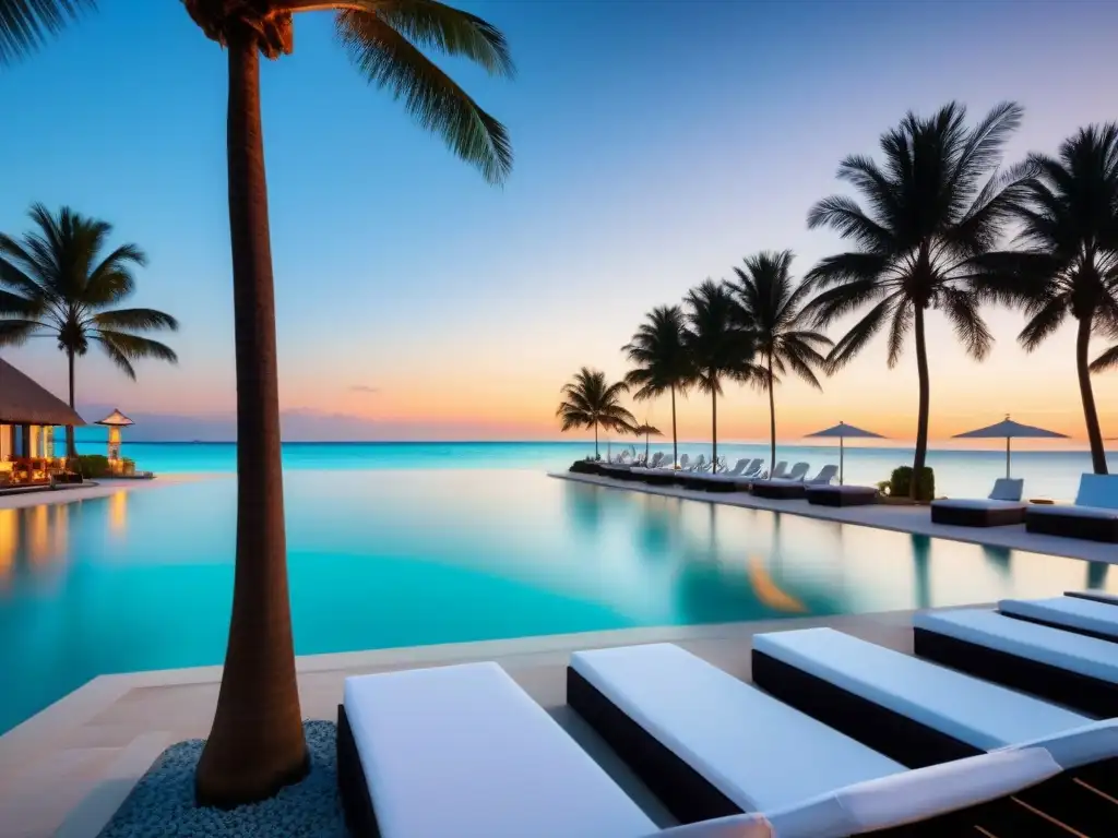 Resort de lujo frente a la playa al atardecer: exclusividad y relajación Un exclusivo resort de tiempos compartidos en la playa al atardecer, con lujo y serenidad