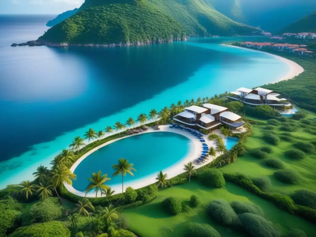 Resort de lujo: sofisticación y exclusividad en paraísos naturales Exclusivo resort de tiempos compartidos con estrategias de rentabilidad, rodeado de montañas verdes y aguas turquesas