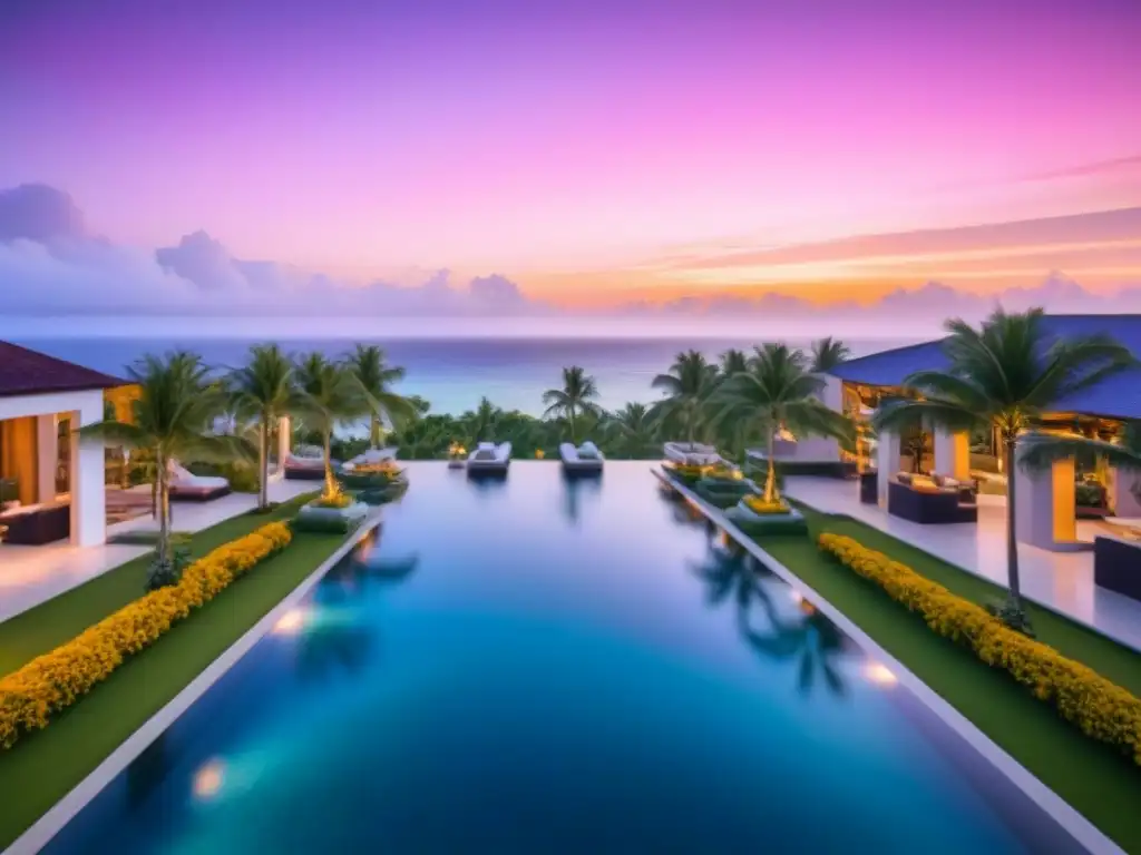 Paraíso tropical: resort de lujo con vistas al mar y atardecer Un exclusivo resort tropical entre exuberante vegetación y aguas turquesa, con villas elegantes y piscinas infinitas