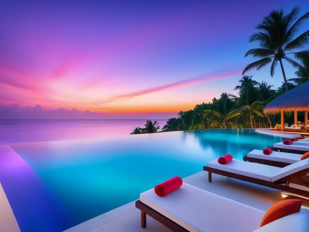 Paraíso tropical de lujo: infinity pools, playa y atardecer Exclusivo resort tropical con piscinas infinitas, rodeado de palmeras verdes y playas de arena blanca
