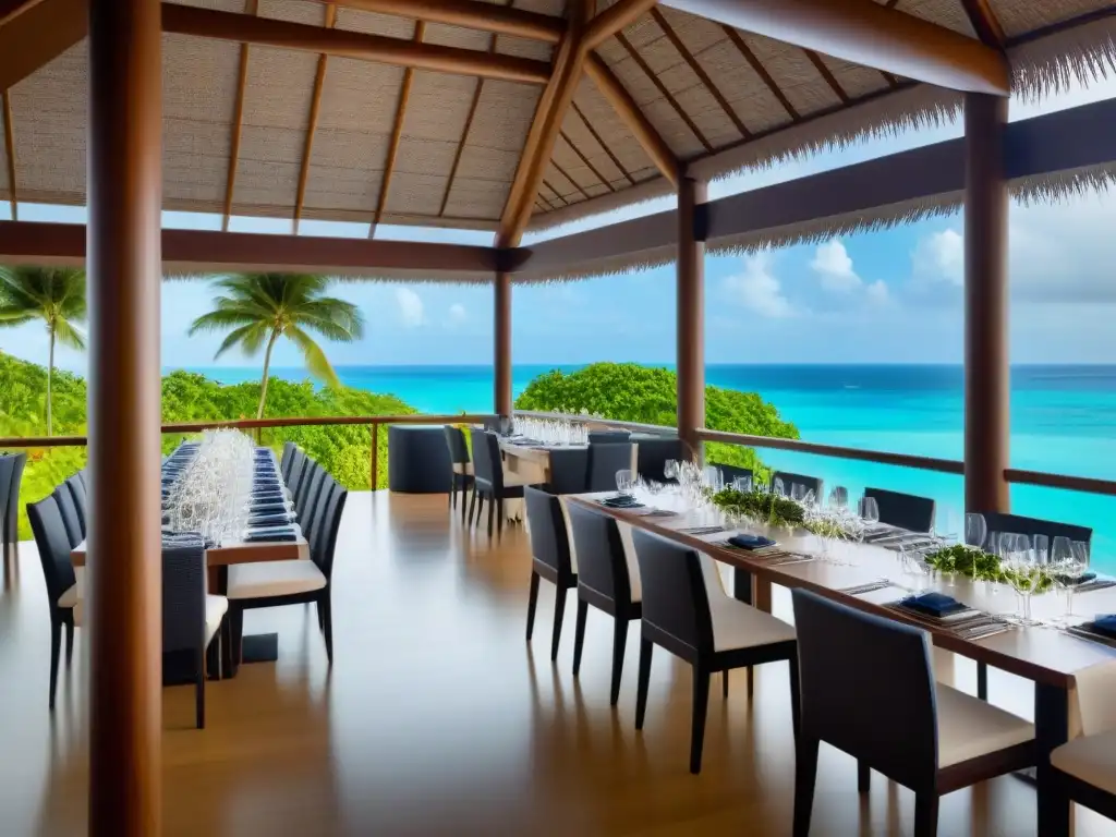 Un exclusivo restaurante al aire libre en un resort de isla privada, con vistas al mar y exquisita experiencia culinaria