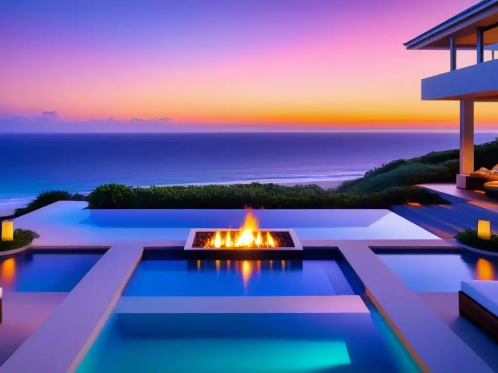 Propiedad vacacional de lujo en la playa al atardecer Un exclusivo retiro vacacional frente a la playa al atardecer, con diseño moderno y piscina infinita privada, ideal para estrategias de precios dinámicos en propiedades vacacionales