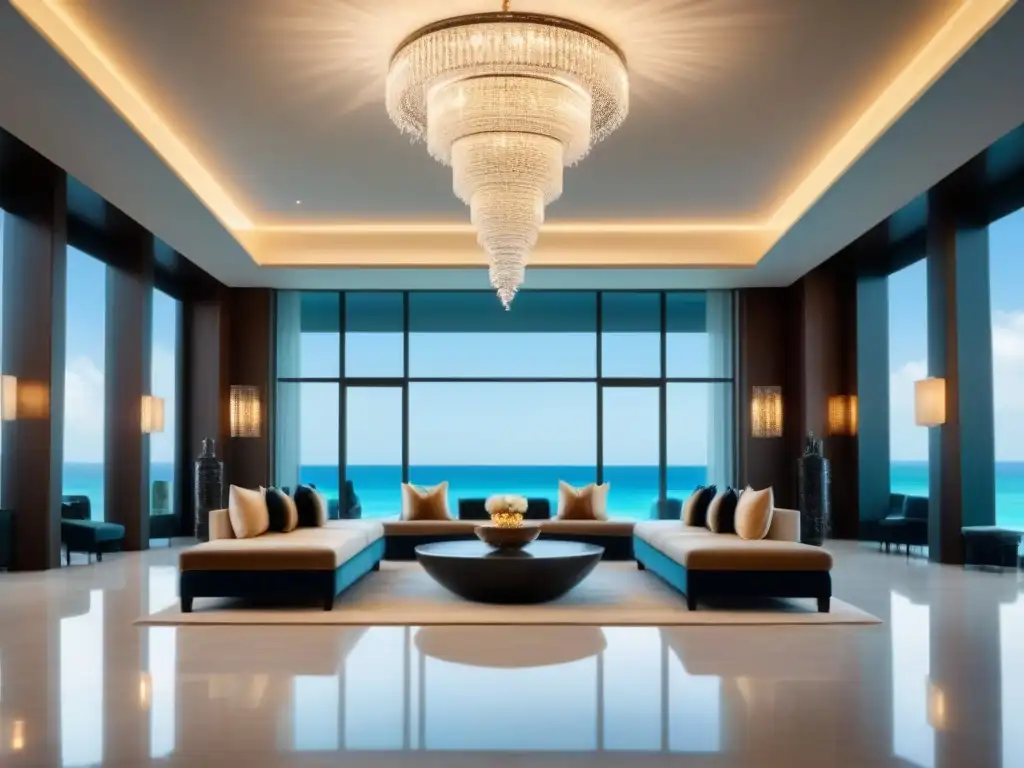 Exclusivo lobby de resort con arte contemporáneo y vista al mar Exclusivo vestíbulo de resort con arte contemporáneo, chandelier y vista a la playa
