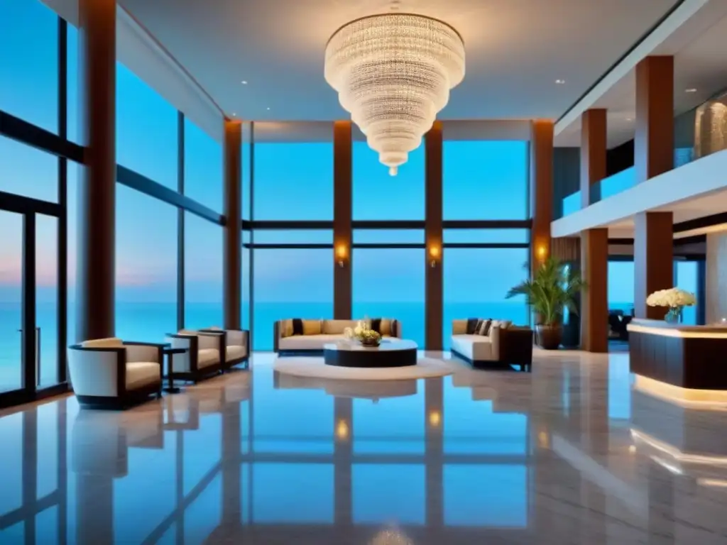 Resort de lujo con vista al mar: sofisticación y relajación Exclusivo vestíbulo de resort con vista al mar cristalino, ambientado en lujo y sofisticación para propietarios de contratos de tiempo compartido