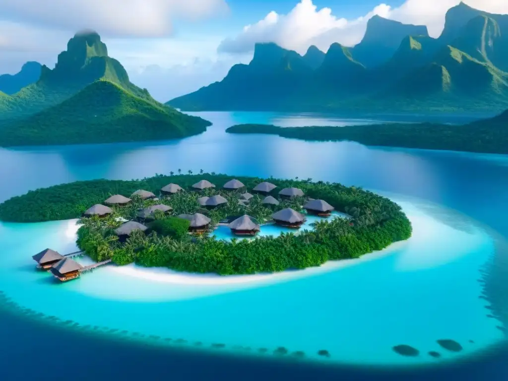 Paraíso exclusivo: bungalows sobre el agua en laguna turquesa Exclusivos bungalows sobre el agua en laguna turquesa, rodeados de exuberante naturaleza y montañas, reflejando tranquilidad
