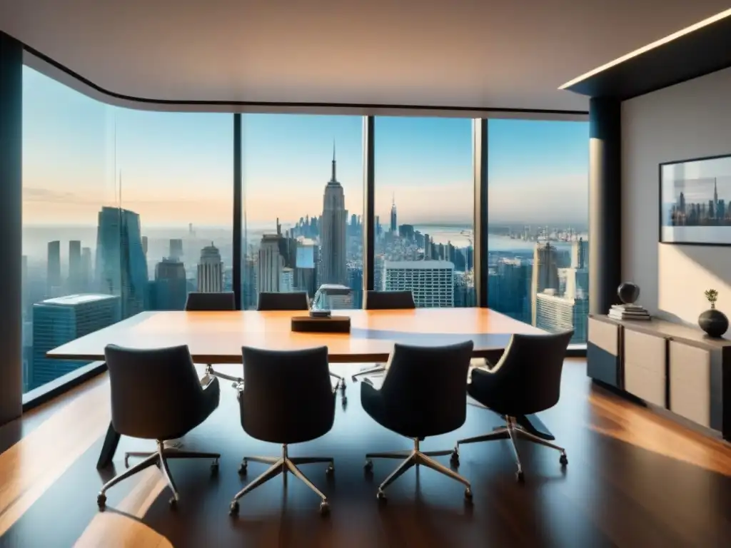 Negociaciones inmobiliarias internacionales: acuerdos de compra en un elegante salón de conferencias con vistas a la ciudad Garantizar éxito con acuerdos en una sala de conferencias moderna con vista a la ciudad y documentos legales sobre transacciones inmobiliarias