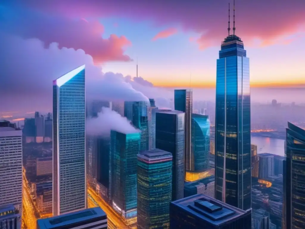 Cityscape vibrante: éxito en negocios internacionales Éxito en expansión internacional M&A: Ciudad moderna con rascacielos iluminados y ejecutivos colaborando en atardecer vibrante