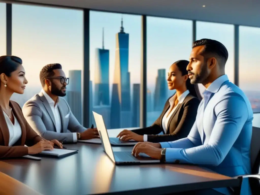 Inversores internacionales en moderna sala de reuniones Una exitosa inversión inmobiliaria internacional: diversidad y colaboración en elegante sala de reuniones con vista a la ciudad
